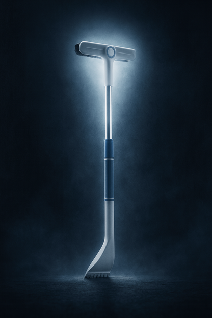 FrostBite M1 extendable snow brush and ice scraper with rotating head standing upright on snow