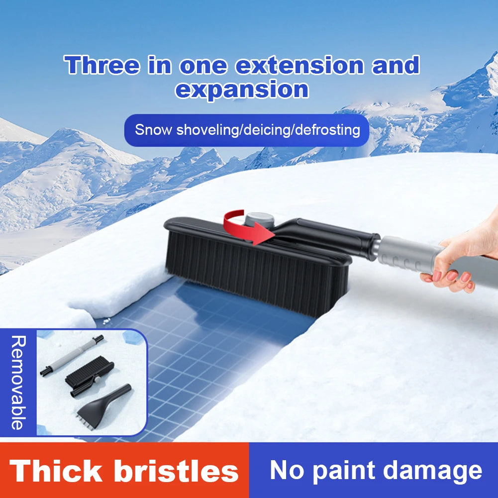 Car snow brush removing snow from windshield using FrostBite M1 extendable rotating brush