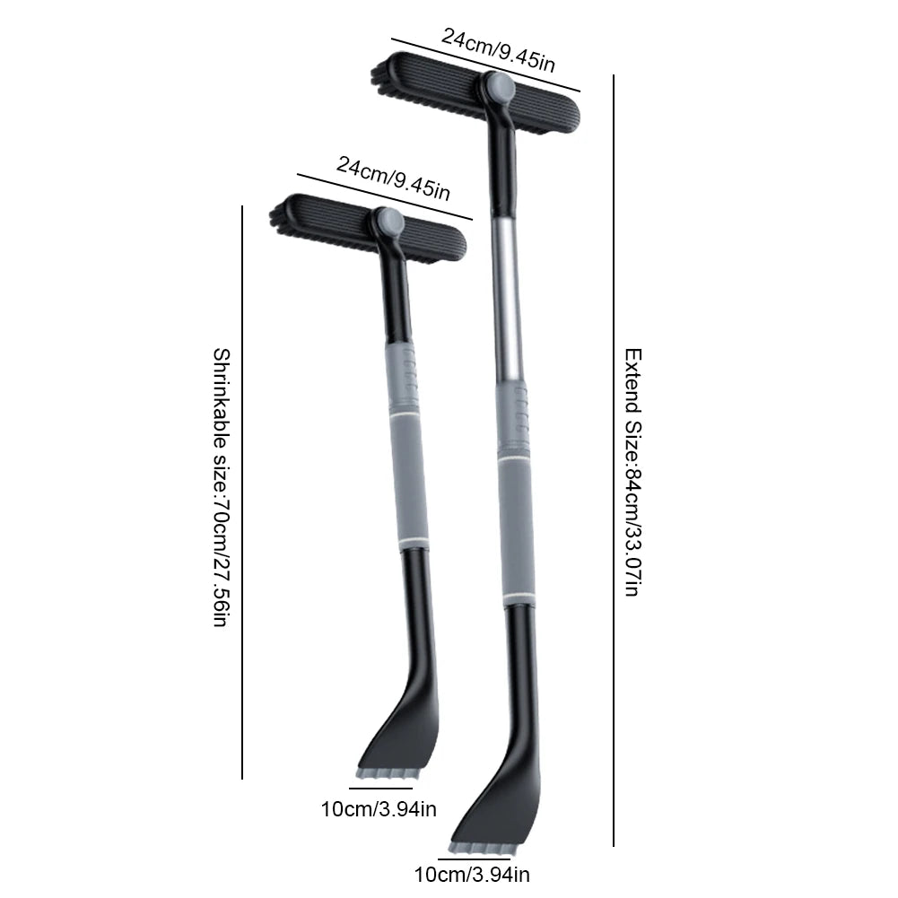 Product size diagram showing extendable length and dimensions of FrostBite M1 snow brush