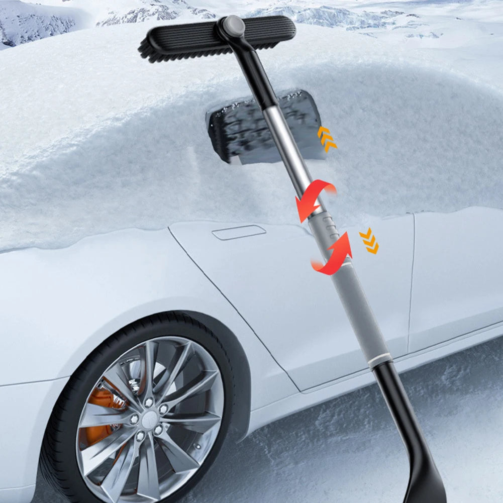 Car snow brush removing snow from windshield using FrostBite M1 extendable rotating brush