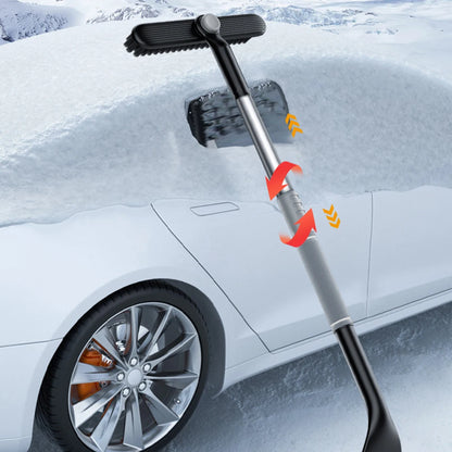 Car snow brush removing snow from windshield using FrostBite M1 extendable rotating brush