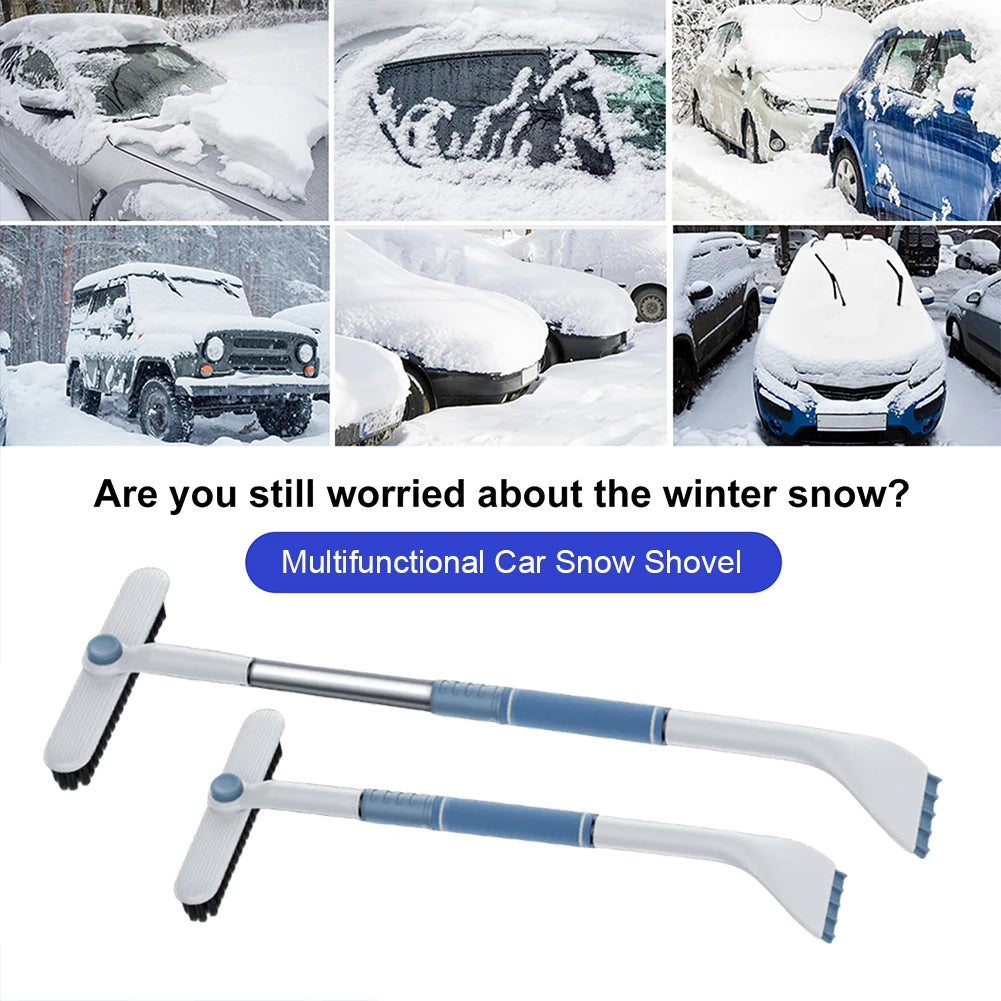 Removing heavy snow from car roof with long reach extendable winter snow brush