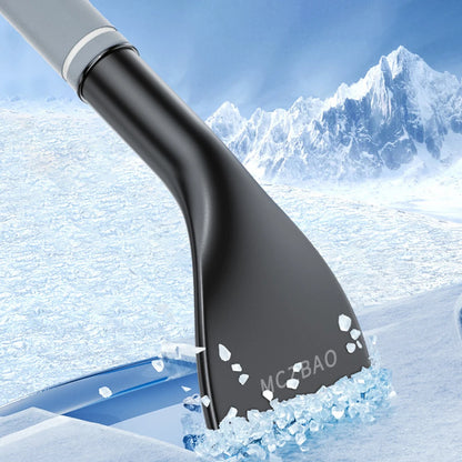 Ice scraper edge removing frost from car window with ergonomic handle winter tool