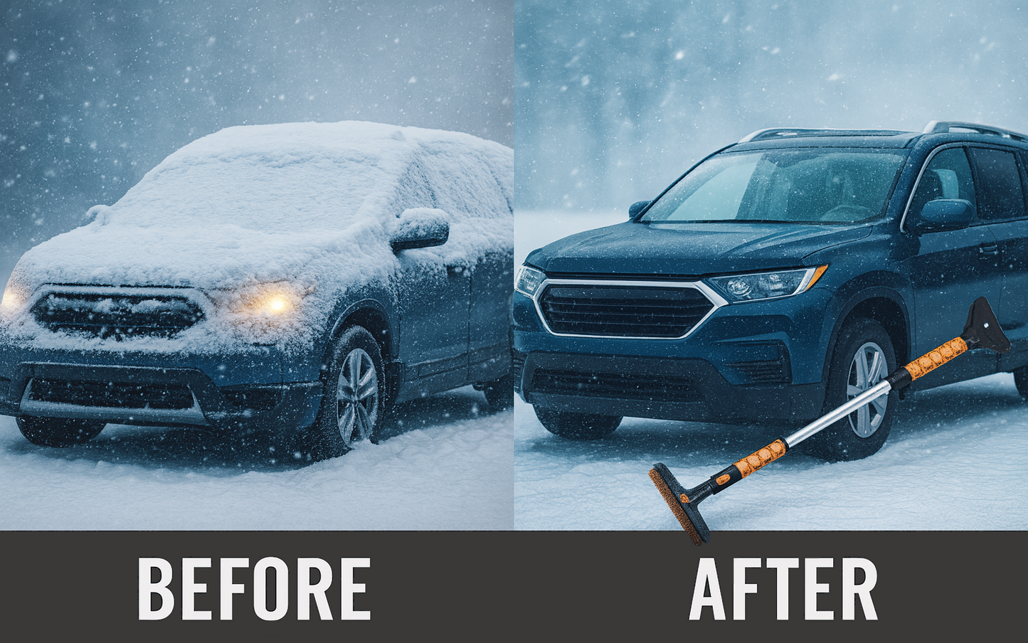 Before and after comparison showing windshield snow removal using FrostBite M1 car