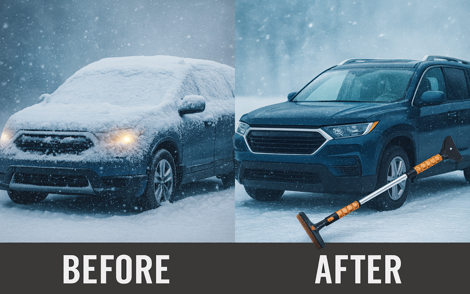 Before and after comparison showing windshield snow removal using FrostBite M1 car