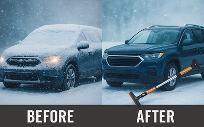 Before and after comparison showing windshield snow removal using FrostBite M1 car