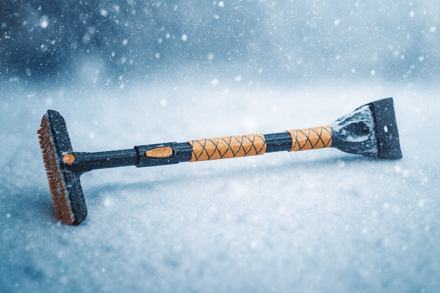 Black and orange extendable snow brush and windshield ice scraper with aluminum alloy shaft