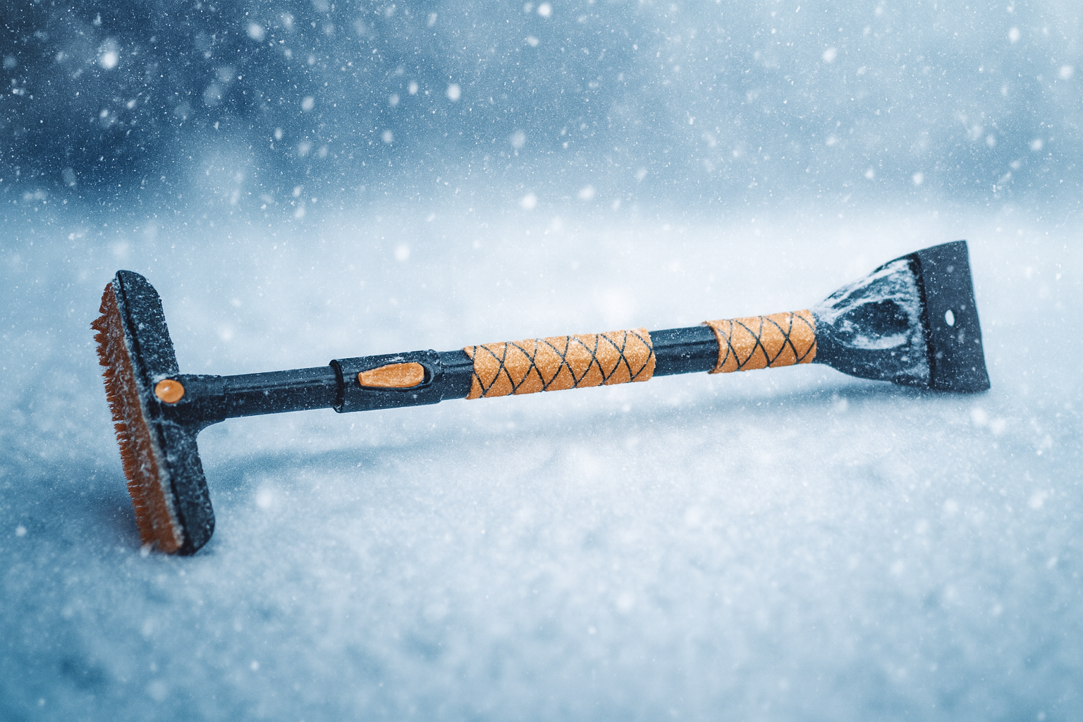 Black and orange extendable snow brush and windshield ice scraper with aluminum alloy shaft